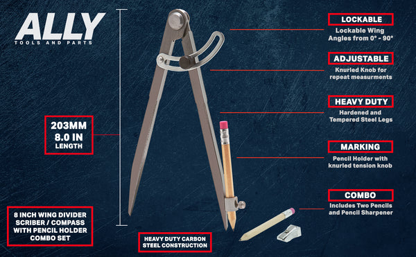 8 inch wing compass tool with pencil compass kit features