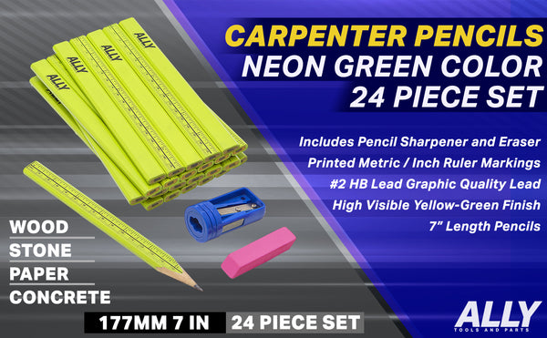 Neon Green Carpenter Pencils with Ruler Markings and Carpentry Pencil Sharpener and Eraser