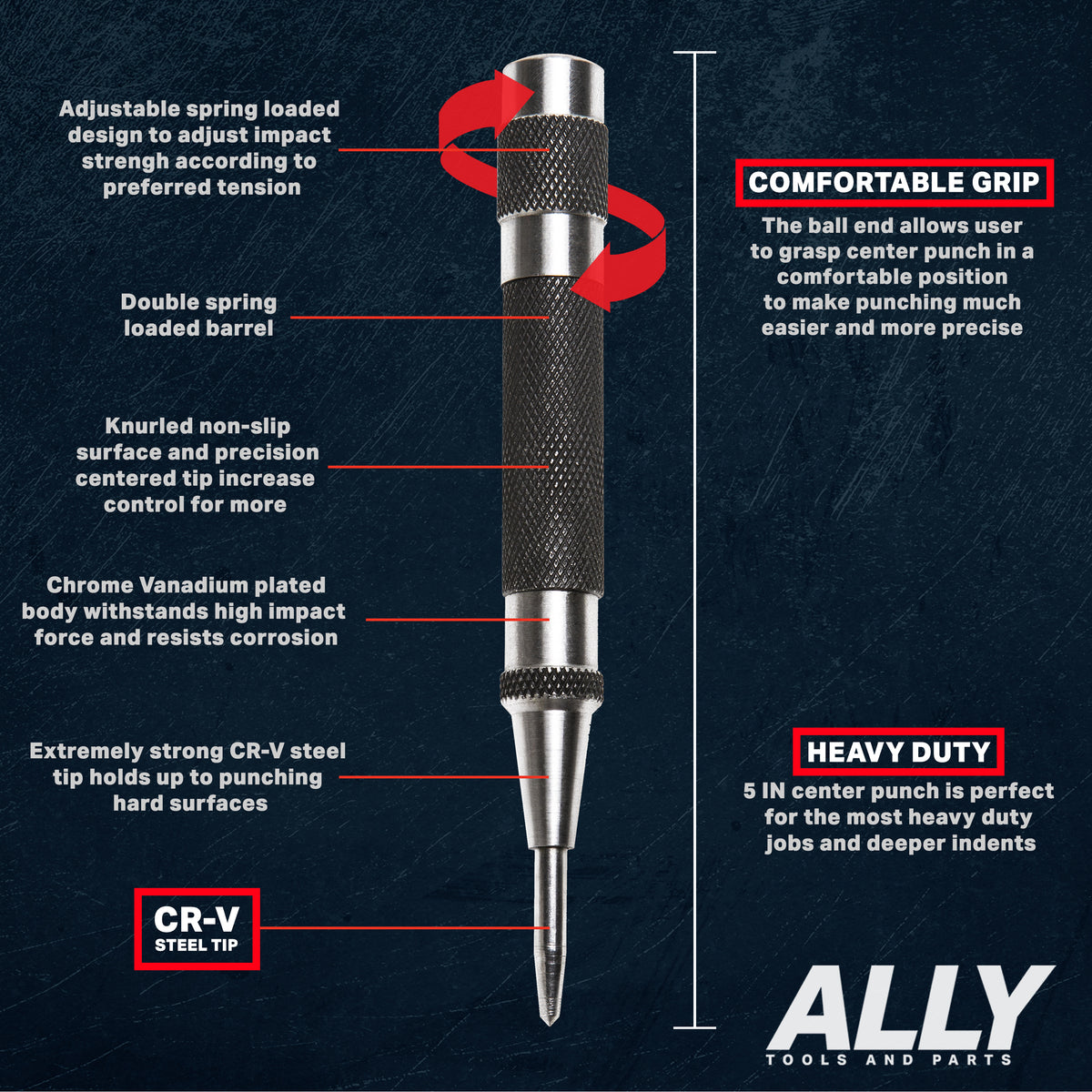 ALLY Tools Heavy Duty Automatic Center Punch w/ Hardened Steel – 2PC set in  Hard Shell Case