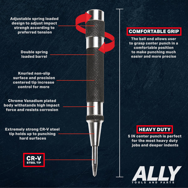 ALLY Tools Heavy Duty Automatic Center Punch w/ Hardened Steel – 2PC set in Hard Shell Case