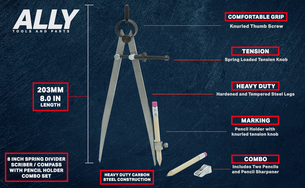 8 inch spring compass tool with pencil compass kit features