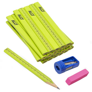 Neon Green Carpenter Pencils with Ruler Markings and Carpenter Pencil Sharpener and Eraser 