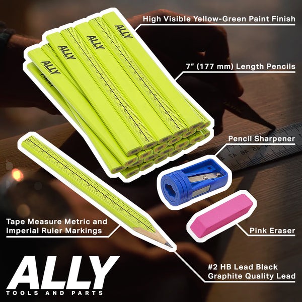 Neon Green Carpentry Pencils with Ruler Markings and Pencil Sharpener and Eraser Features 