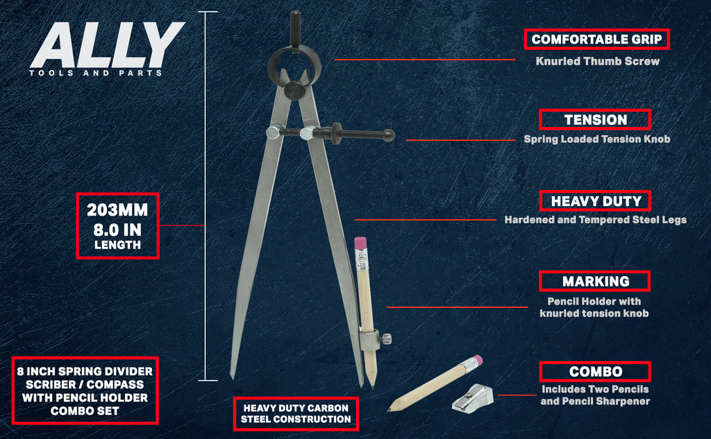 8 Inch Precision Spring Compass with Pencil Holder | ALLY Tools and Parts